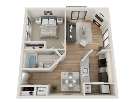 a stylized floor plan with a bedroom and a living room